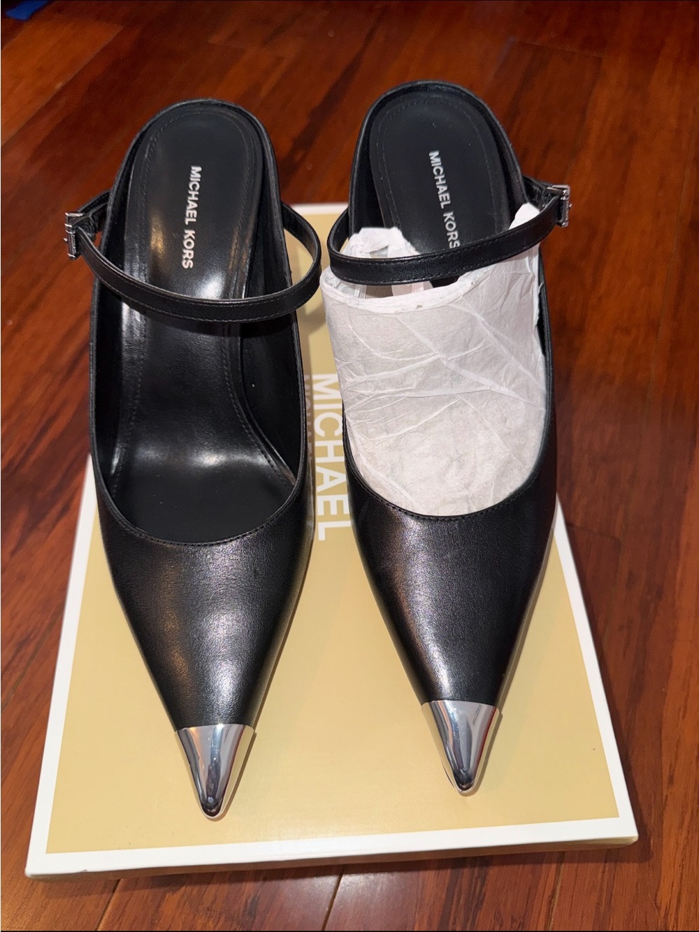 Michael Kors Black Pointed Toe Mary Jane Pumps with Silver Cap